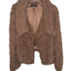 Brown Teddy Faux-Fur Open Front Jacket